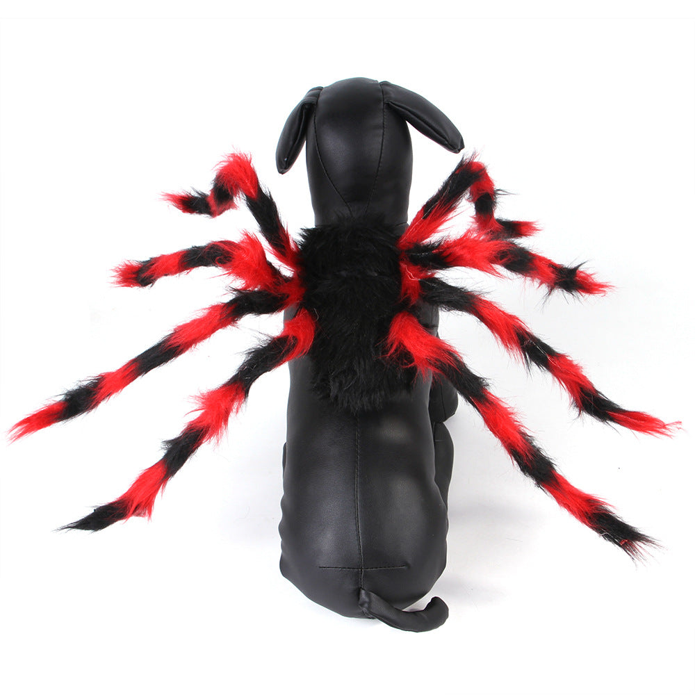 Dog wearing a red and black spider costume, back view