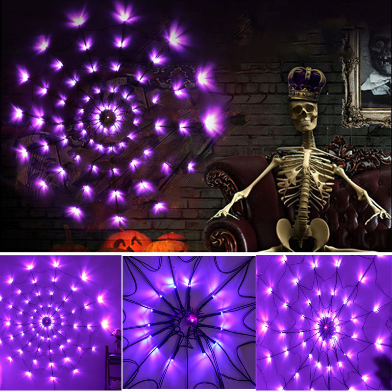 Purple LED spider web lights next to a skeleton, Halloween decoration